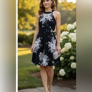 Aqua Black and White Floral Midi Dress